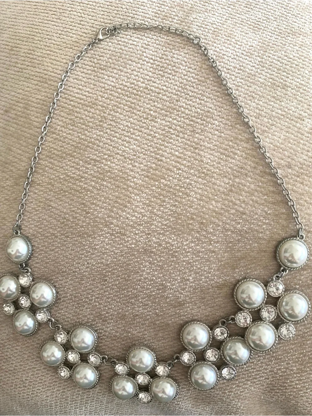 Silver-Tone Faux Pearl & Rhinestone Costume Statement Bib Necklace Jewelry